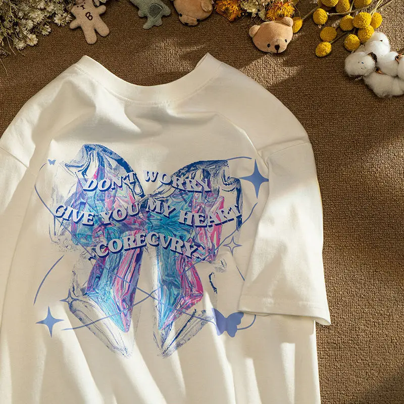 

Футболка женская Свободная с круглым вырезом, повседневный топ с коротким рукавом, с 3D-принтом бабочки, в Корейском стиле, в стиле Харадзюку, лето 2022