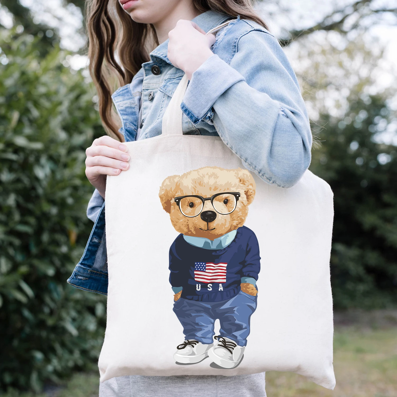 

BLINGPAW Canvas Tote Bag 100% Cotton Reusable Shopper Bags Preppy Eco Bolsa Cute Teddy Bear Print School Style