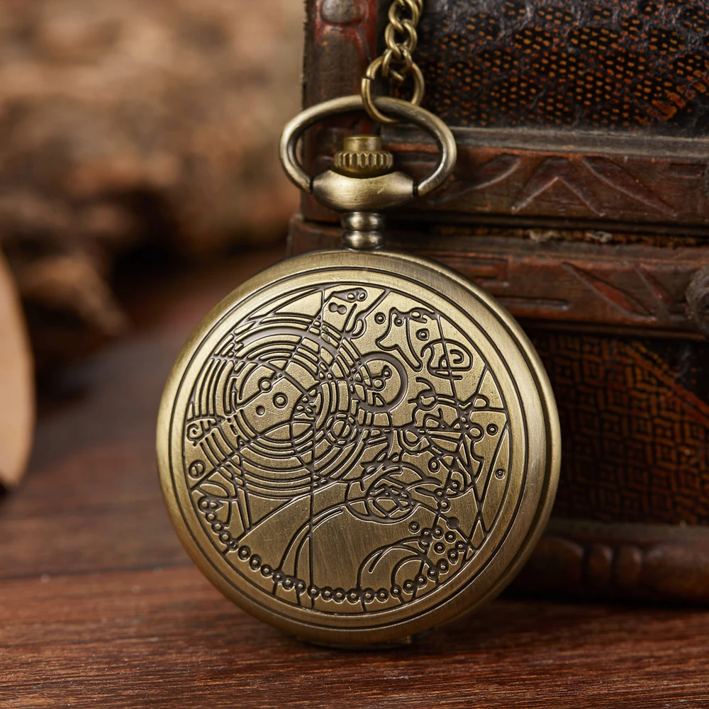 Античные, ретро, бронзовые кварцевые карманные часы Аналоговые в виде кулона ожерелье Полный Охотник Винтажный стиль цепочка Ювелирные изделия Подарки для мужчин