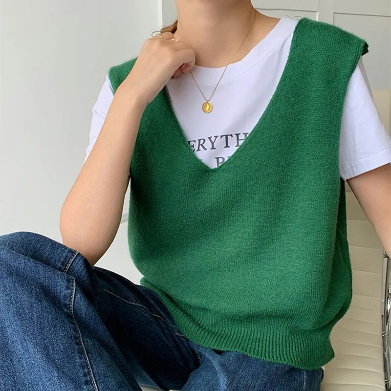 

Женский Осенний жилет Alien Kitty, однотонный классический Свободный Повседневный Нежный Универсальный свитер с V-образным вырезом, корейский с...