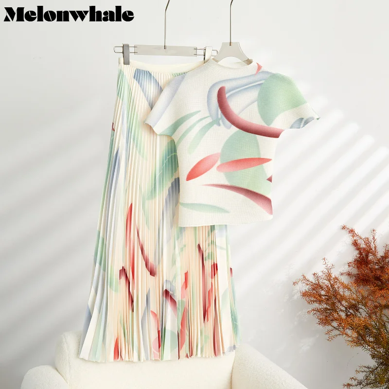 

MelonWhale Print Pleated Elegant Two Pieces Set for Women Mock Neck Short Sleeve Top Elastic Waist Skirt Female 2023 Summer New