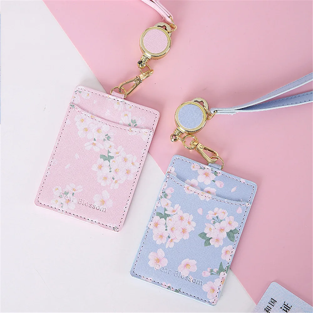 

Cherry Blossom Lanyard Card Holder Leather Neck Strap Staff ID Business Bus Card Holder Photo Badge Holder Office Stationary