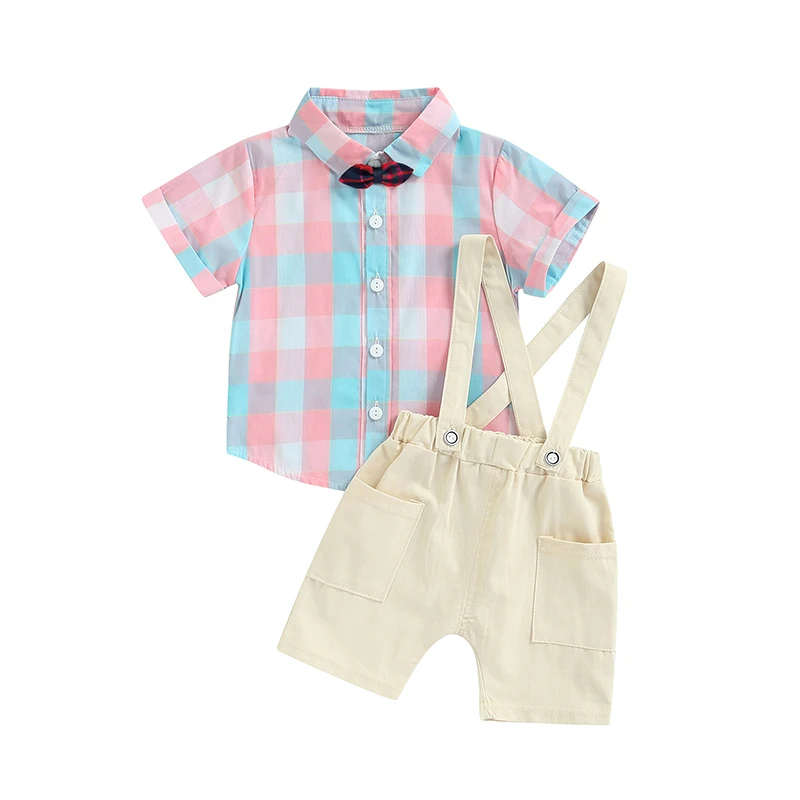

Летний комплект с шортами для маленьких мальчиков, клетчатая рубашка, однотонный комбинезон, повседневный наряд, комплекты детской одежды