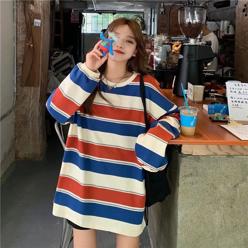 

Woman Tshirts Autumn Loose-fitting Striped Long Sleeves T-shirt Women's Tops Ropa Mujer Camisetas