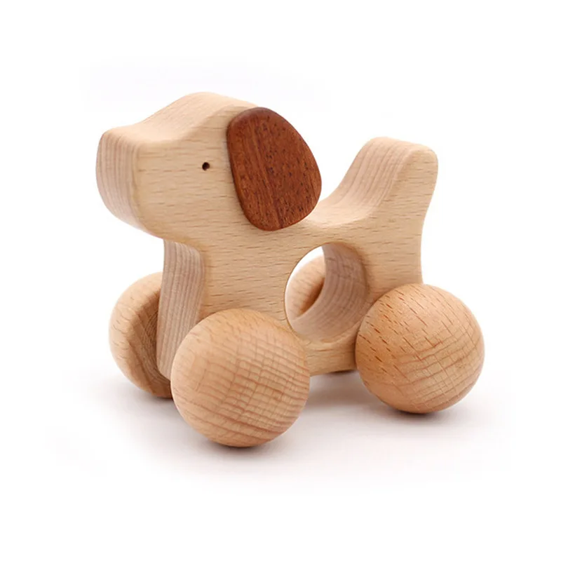 

Wooden Toy Wooden Car Puppy Car Rattle Molar Stick Wood Animal Toy Decoration Teether Wooden Play Beads M