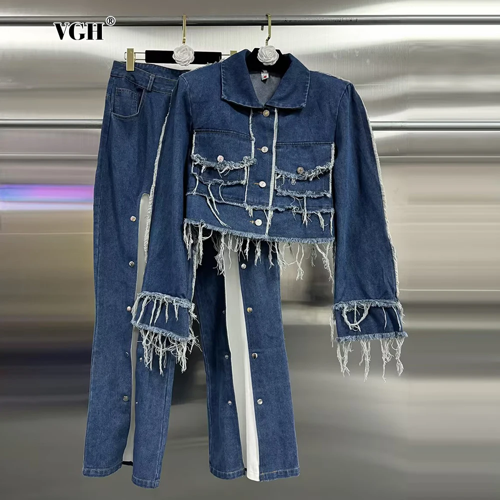 VGH wyszczuplające dżinsy dwuczęściowe dla kobiet z klapami i długim rękawem frędzlami Topy wysokim stanem Hit Color Jeans Casual Set Female