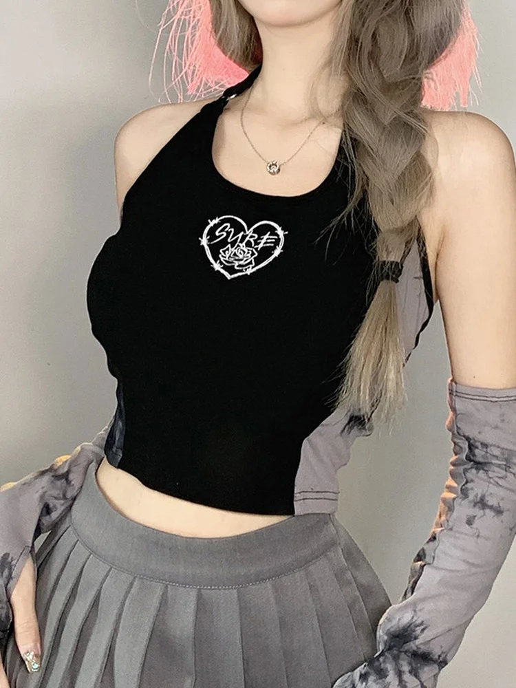 

Женский винтажный кроп-топ без рукавов, короткий топ составного кроя с лямкой на шее и принтом сердца, модные нарукавники в Корейском стиле, ...