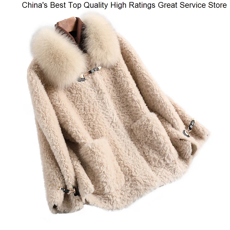 

Sheep Hwitex Winter Fur Women Coat With Fox Collar Official Lady Trench Wool Shearling Zipper Jacket HW5126