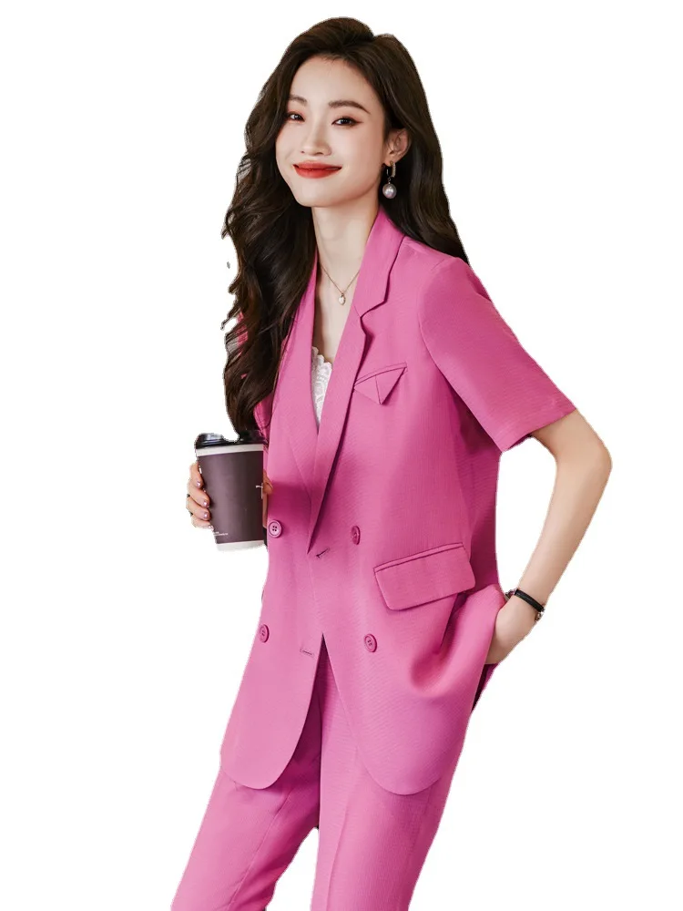 

Fashion Blue Pink White Women Pant Suit Short Sleeve Double Breasted Loose Jacket Blazer And Trouser Ladies Casual 2 Piece Set