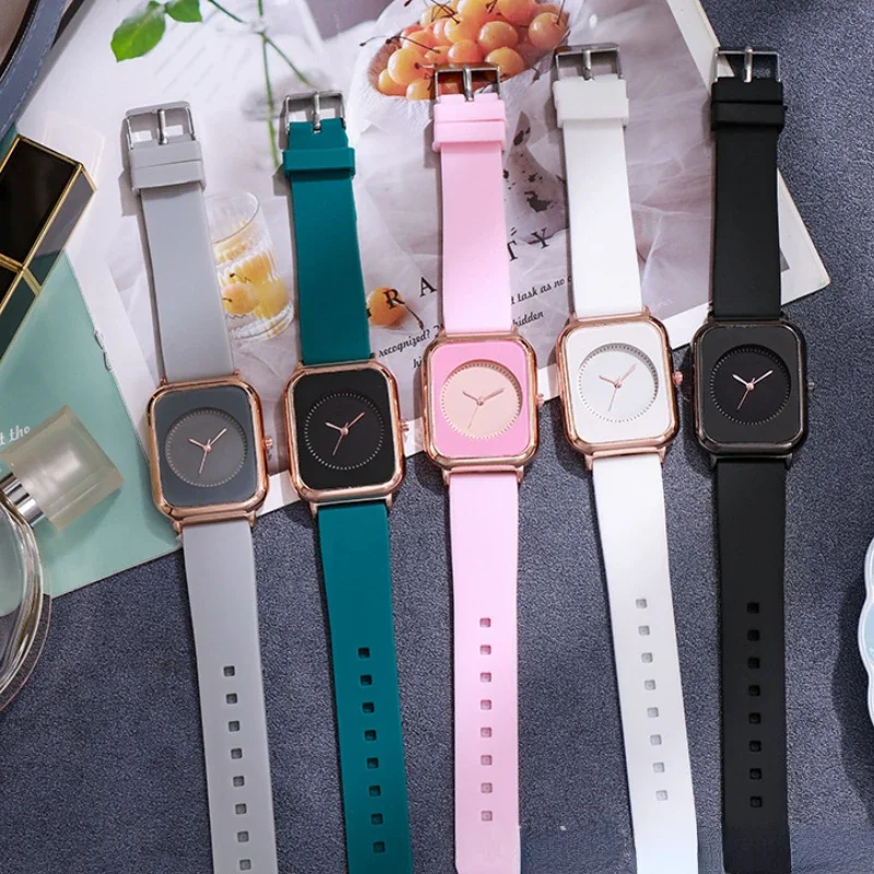 Прямоугольные часы с силиконовым ремешком для женщин кварцевые однотонные