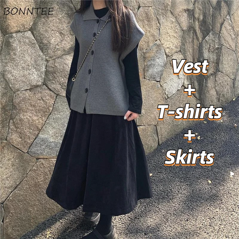 

3 Pieces Sets Women Spring Autumn Casual Temperament Girls Knitted Vest All-match T-shirts A-line Skirts Harajuku Preppy Vintage