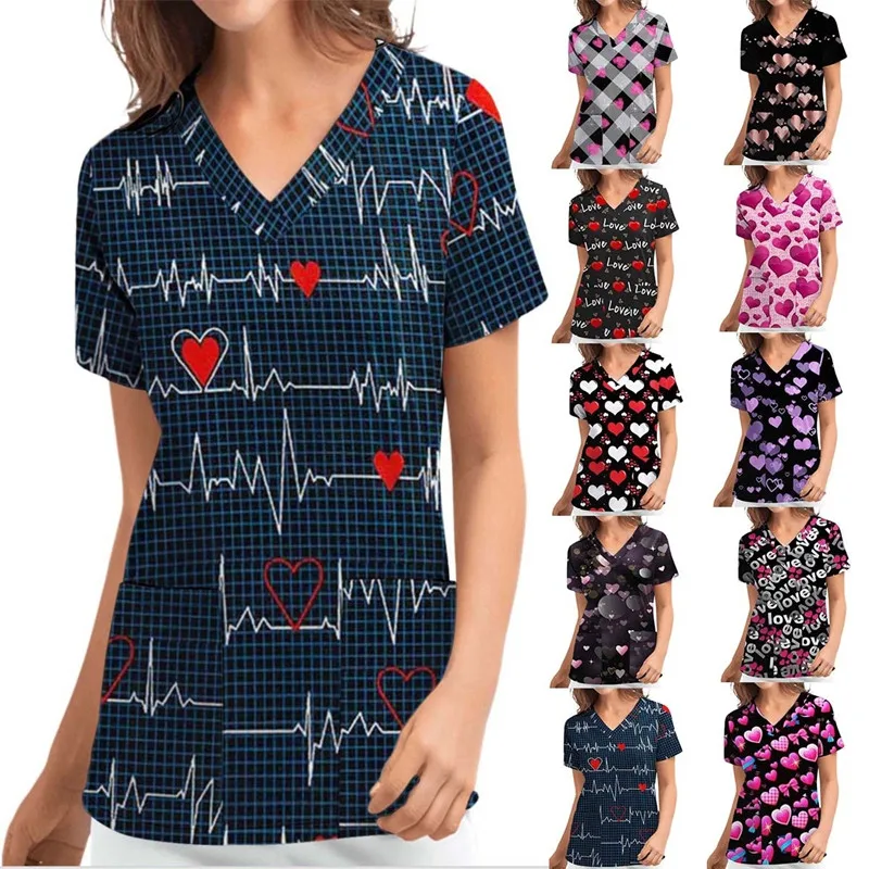 

Женский топ с принтом Love, свободная рубашка с V-образным вырезом и коротким рукавом, с карманами, основа для ухода за ребенком, 2022