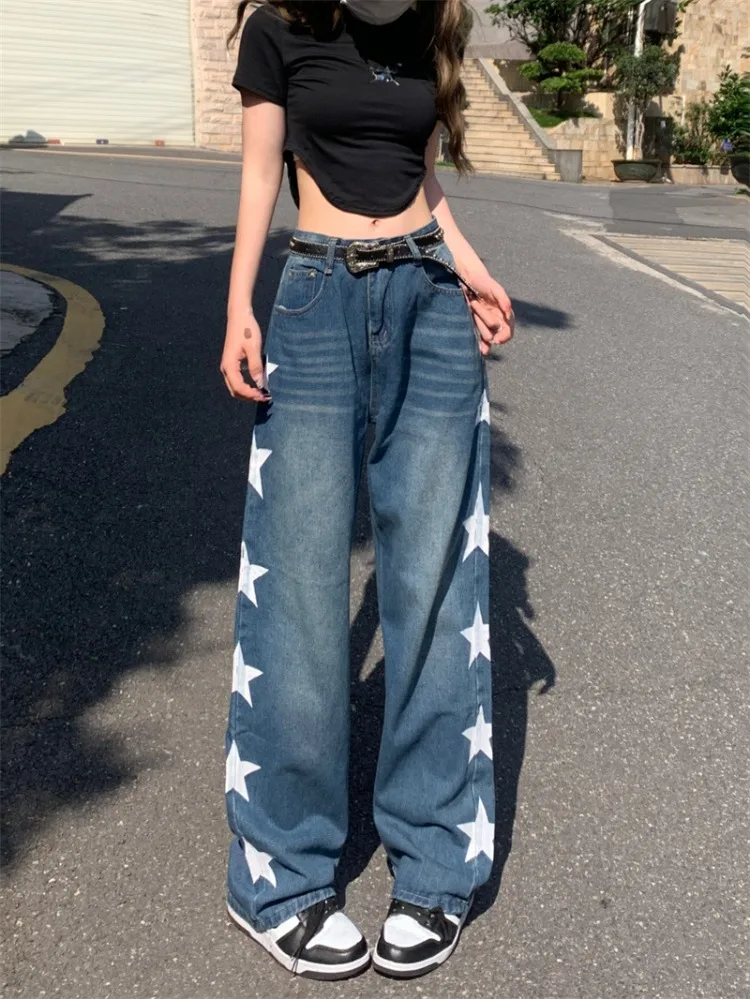 

Vintage Street Star Print Blue Jeans for Women 2023 Summer New Straight Trousers Y2k Grunge High Waist Wide Leg Pants