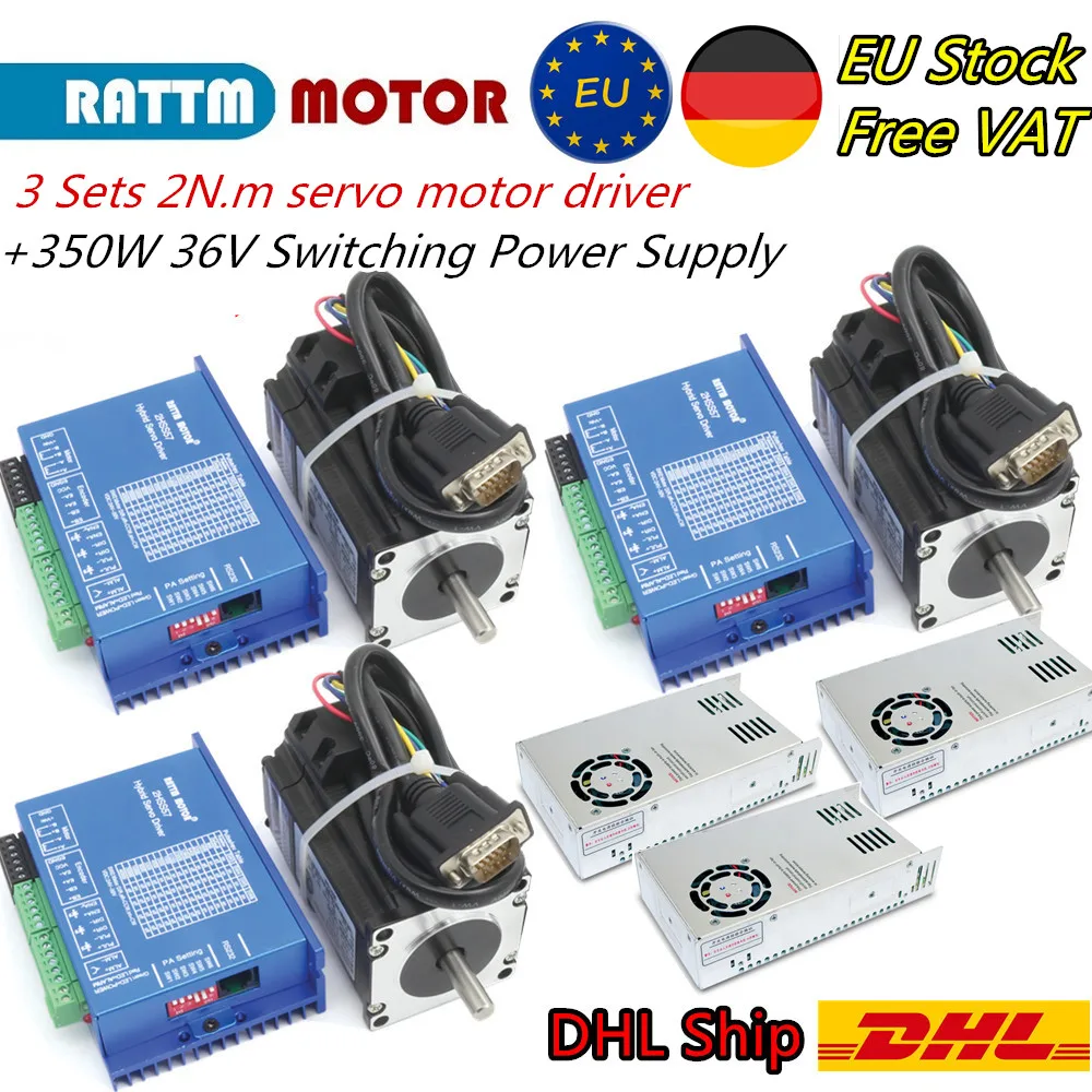 【EU Free】3 Sets 2N.m Nema 23 Closed Loop Stepper Motor 2-Phase 288oz-in & Hybrid Servo Driver 6A 200Khz+350W 36V Power Supply |