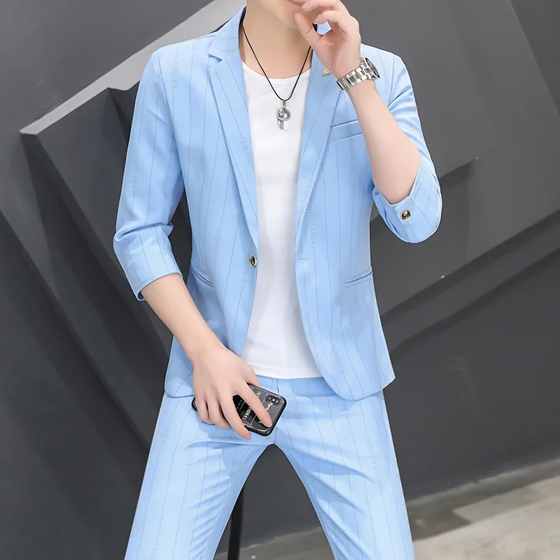

Summer 2022 Men's Suit Set Thin Casual Striped Half Sleeve Suit Two Pieces