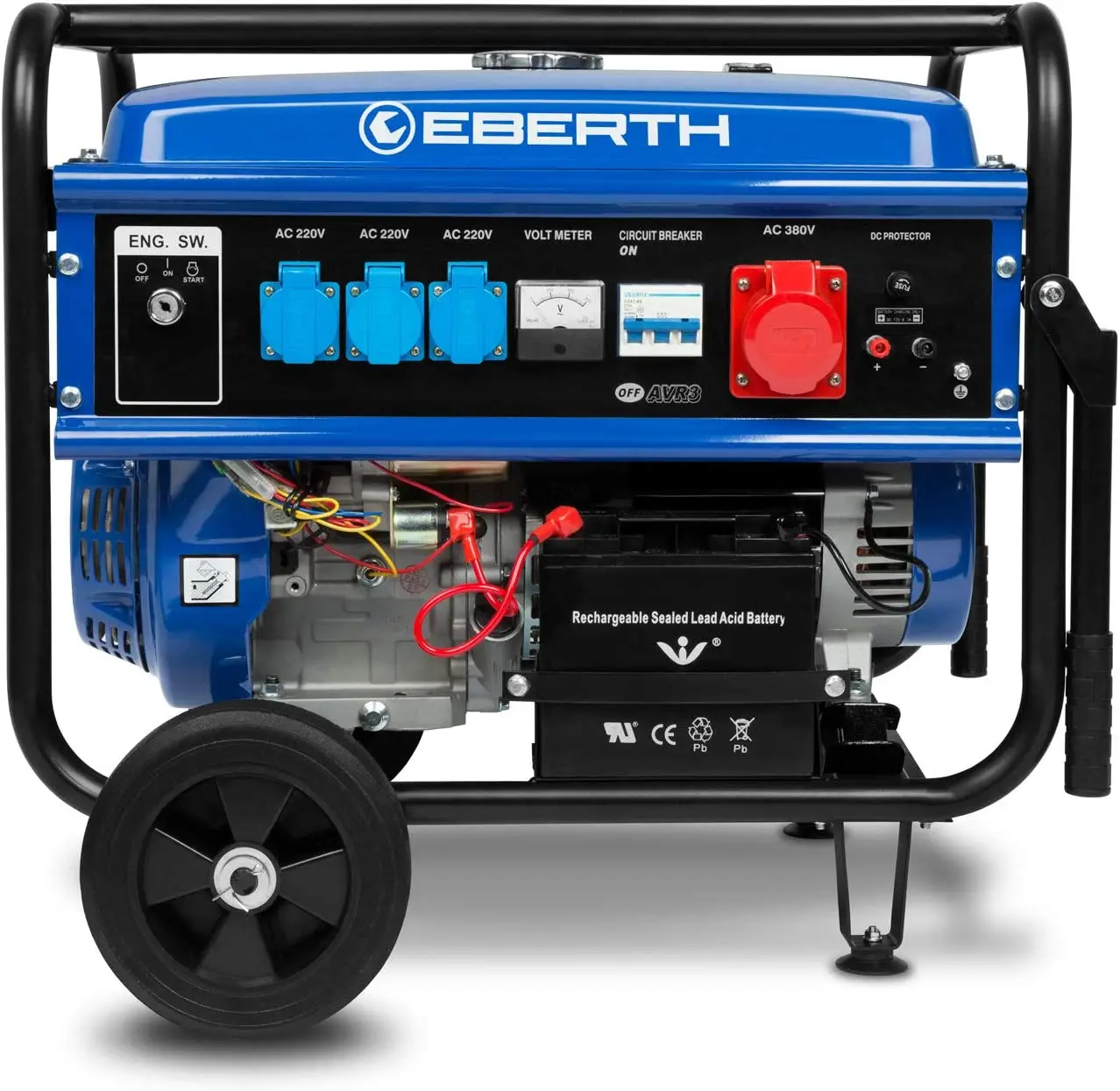 

Eberth 5500 Watt emergency generator genset generator with landing gear, electric start, 13 hp gasoline engine, stroke, phase, 1x400