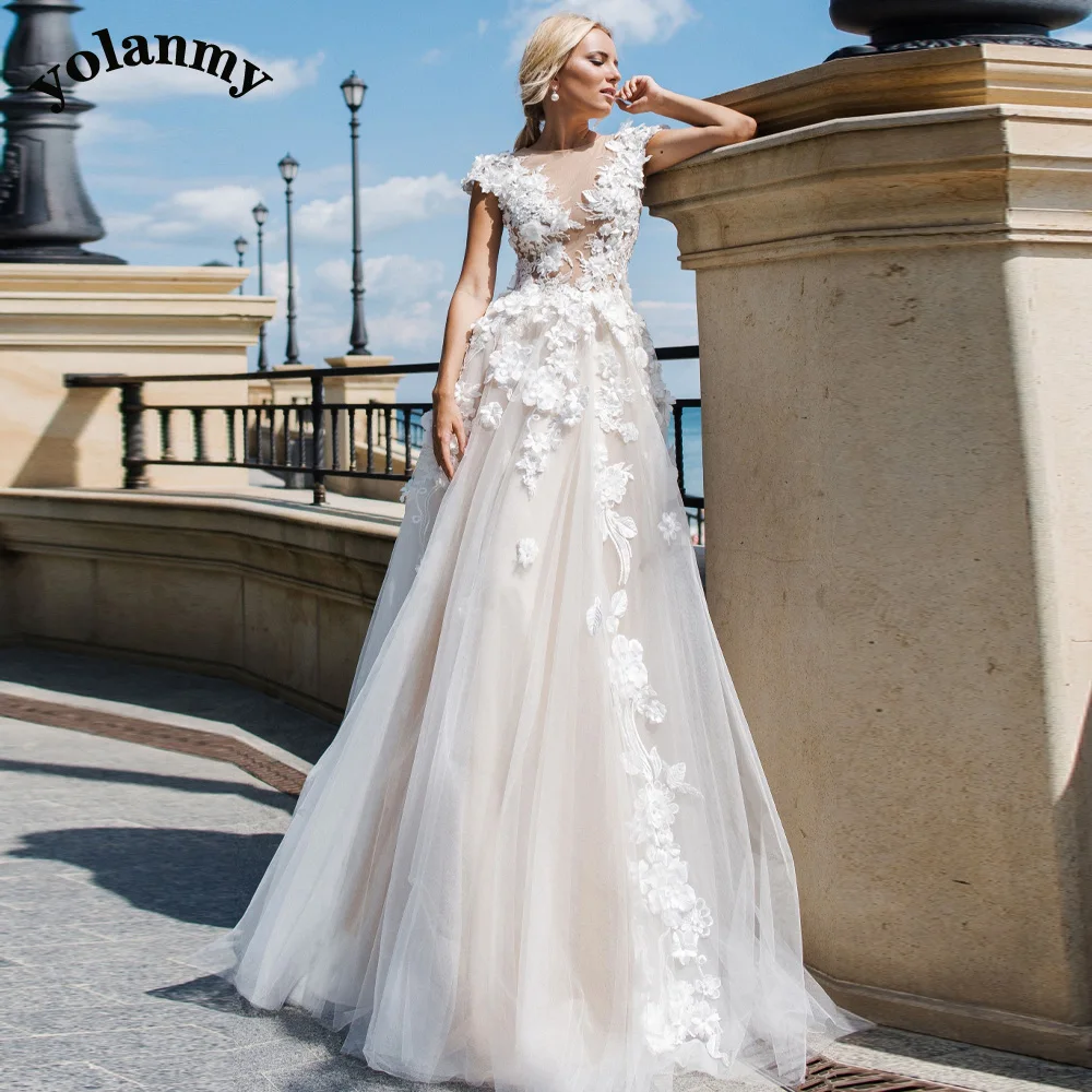 

YOLANMY Stylish Flowers Wedding Dresses For Mariages Women Lace Scoop Appliques Illusion Back Vestido De Casamento Customised