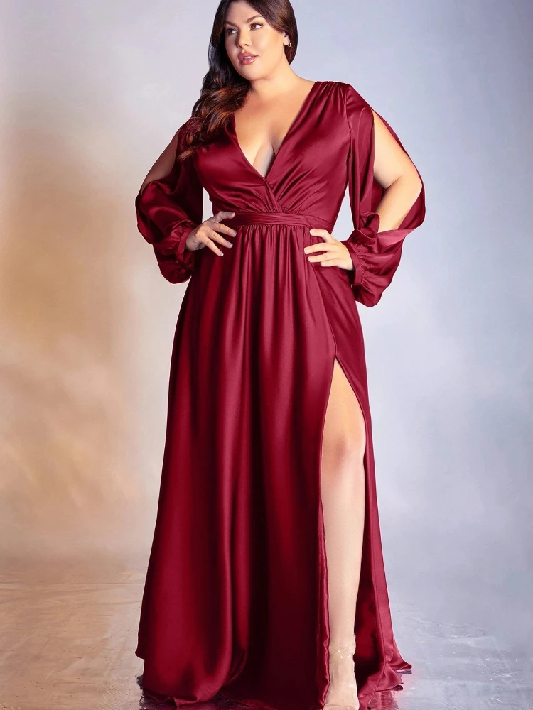 Plus Size Satin Lantern Sleeve A-line Maxi Dress Women Elegant Backless High Waist Split Party Dress Clubwear Evening Vestidos