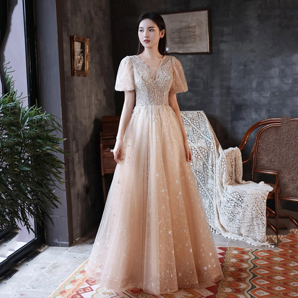 

Champagne Evening Dresses Women New V-Neck Puff Short Sleeve Elegant Long Banquet Dress Applique Beaded Starry Prom Gowns