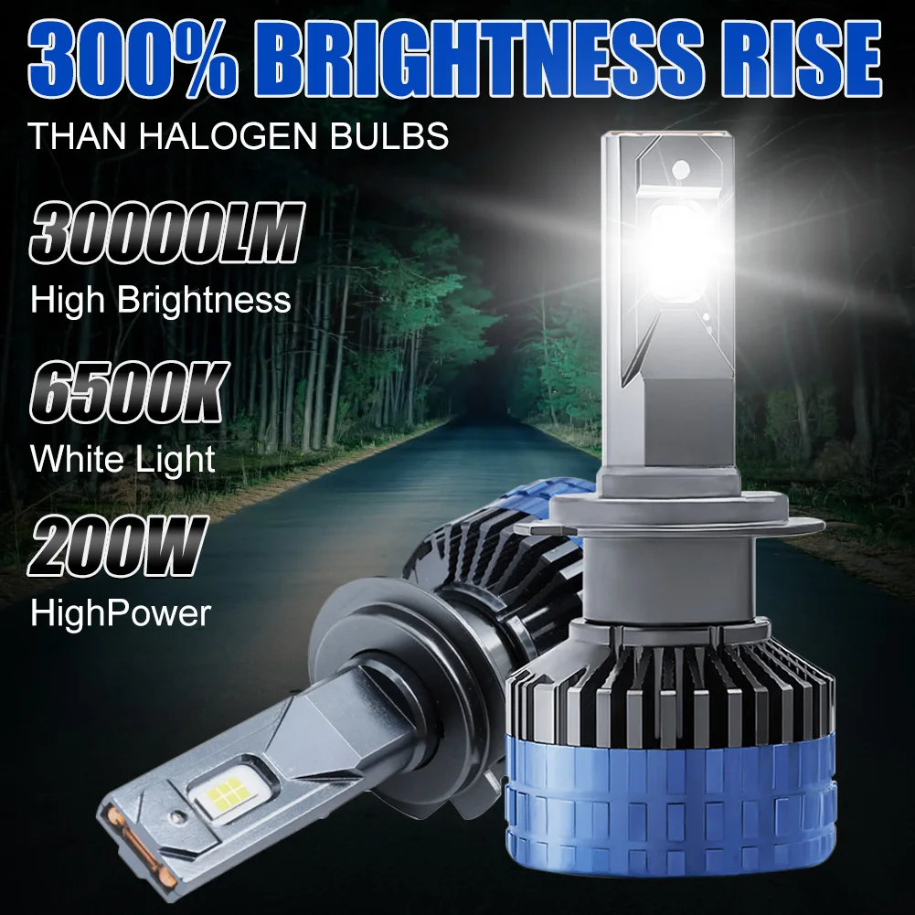 

2Pcs Car H4 H7 LED Headlight Bulb H1 9005 9006 H11 LED Bulb 200W 30000LM Double Copper Tube High Power Headlight 6500K White