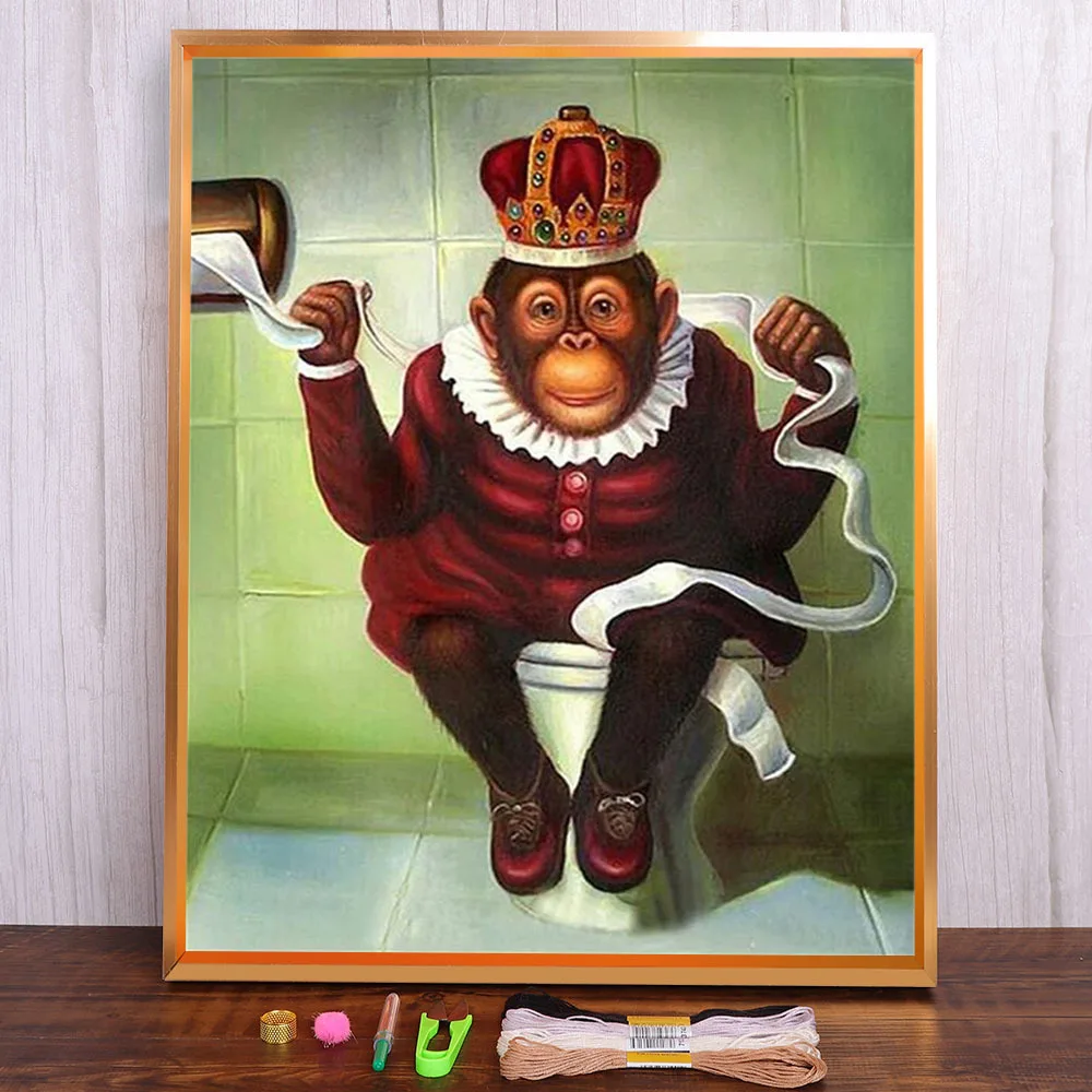 

Toilet Monkey Fat Lady Printed Water-Soluble Canvas 11CT Cross Stitch Kit DIY Embroidery DMC Threads Knitting Painting Gift