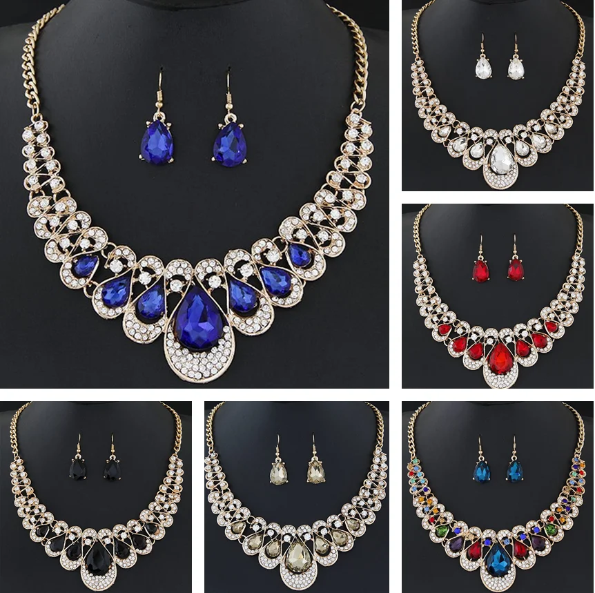 

Ladies Jewelry Set Fashion Crystal Bridal Rhinestone Geometric Necklace Water Drop Chain Choker Earrings Two Piece Jewelry