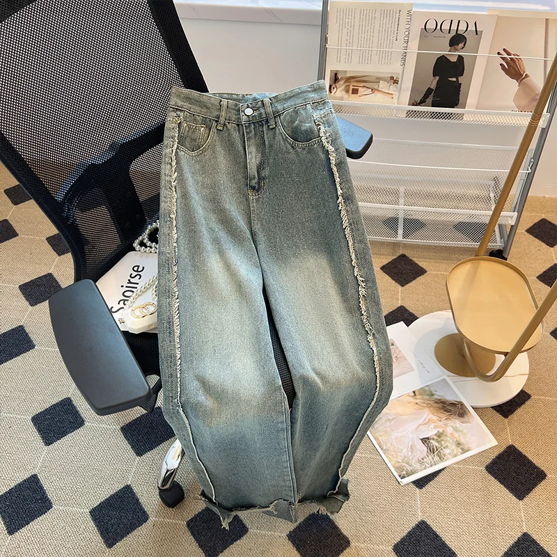 

Women's Baby Blue Loose Raw Edge Straight Jeans Summer New Street Chic Fashion Female High Waist Distressed Denim Pants