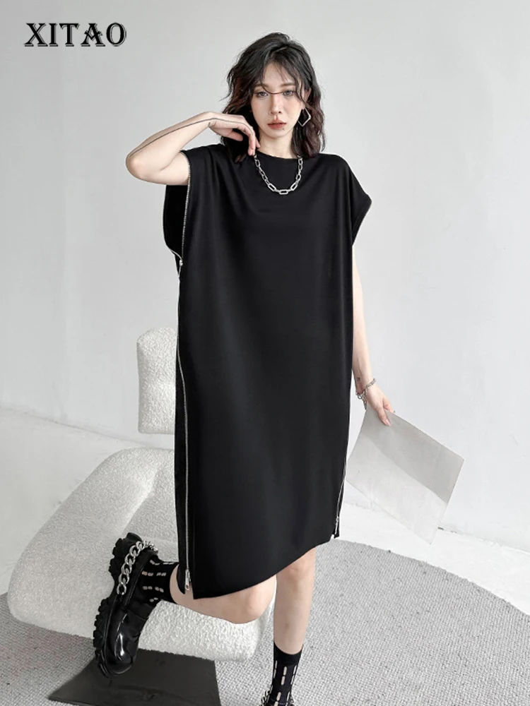 

XITAO Black Casual T-shirt Dress Personality Loose Zipper Splicing Bat Wing Sleeve Summer New Street Trendy Women Dress WLD11291