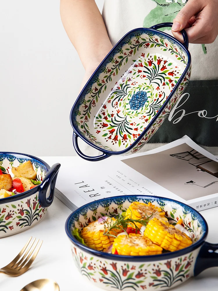 

Retro Binaural Soup Bowl Household Pizza Ceramic Oven Microwave Bake Pan Nordic Tableware 9 Inch Retangle Plate