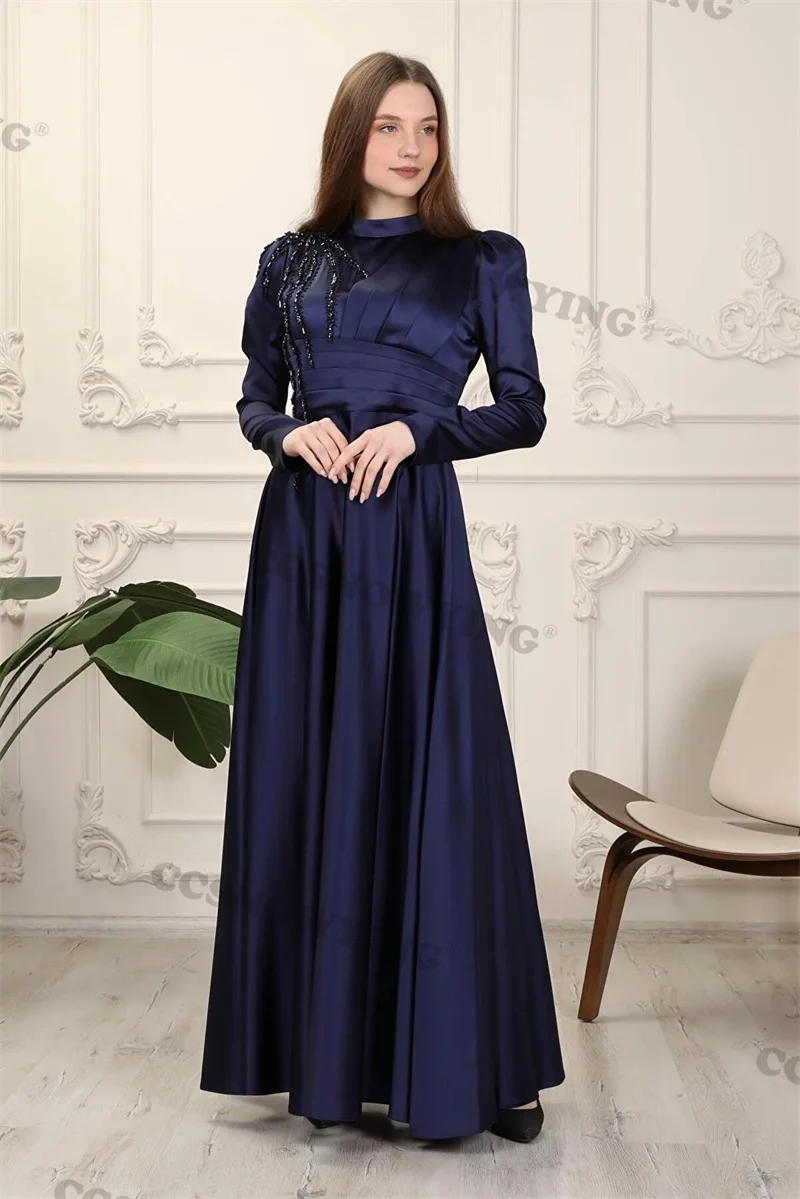 

Темно-синее атласное платье с аппликацией, официальное женское платье с рукавами-фонариками и высоким воротником, мусульманское вечернее платье, вечернее платье