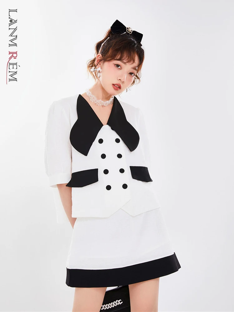 

LANMREM Women Patchwork Sets Short Sleeve V-neck Double Breasted Top A-line Skirt 2022 Summer Female Fashion Clothing 2I791