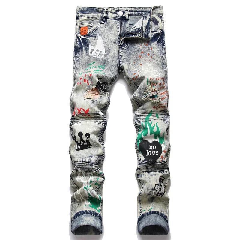 Men's brand High quality skinny  stretch jeans Printed  Retro punk Fashion street Hip hop ripped  plus size