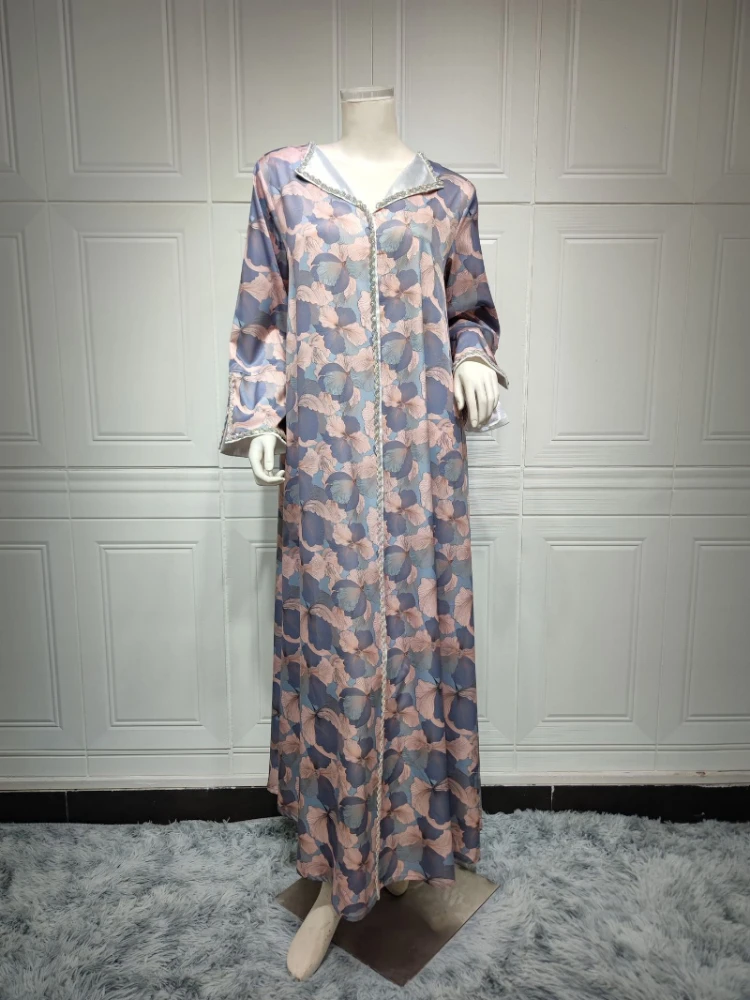 Abaya Dress for Women Chic Ethnic Twist Rhinestone Tape V Neck Long Sleeve Arab Moroccan Caftan Dubai Jalabiya Summer