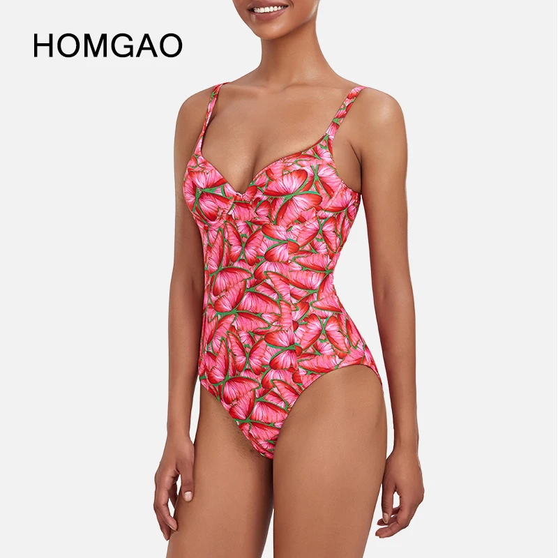 

HOMGAO Retro Butterfly Print One Piece Push Up Swimsuit Women V-Neck Bathing Suit Sexy Brazilian Female 2023 Beach Swimwear