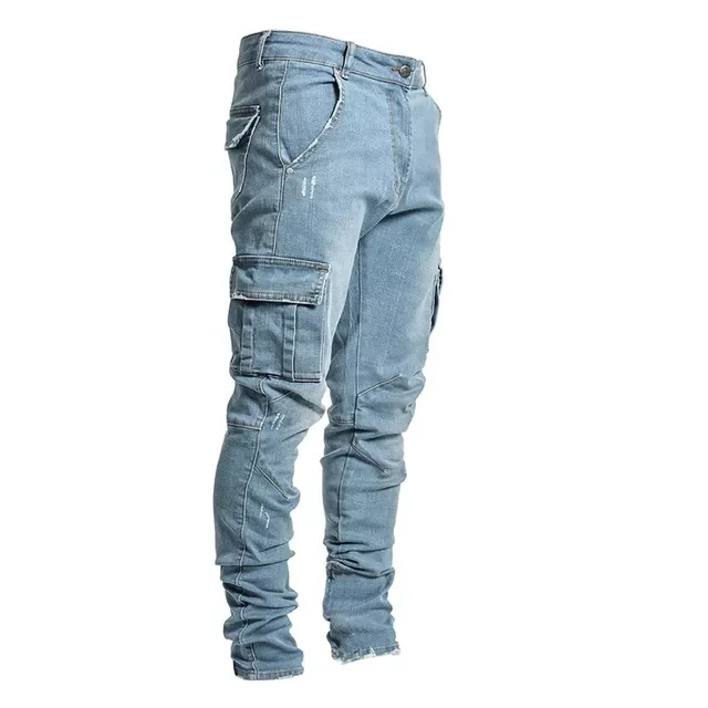 New in Men Pants Casual Cotton Denim Trousers Multi Pocket Cargo Jeans Men New Fashion Denim Pencil Pants Side Pockets Cargo tra