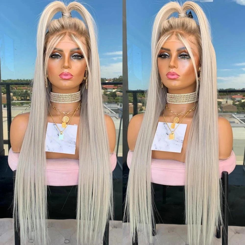 Long Straight Platinum Ash Blonde Lace Front Wig with Brown Roots Pre Plucked Heat Resistant Synthetic Lace Wigs Daily Use