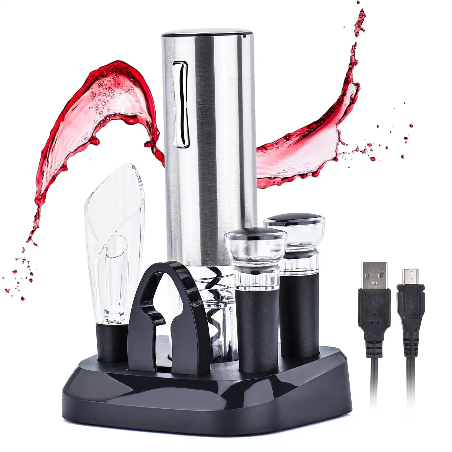 

Wine Opener Set with Charging Base, Vacuum Freshener with 2 Stoppers, Foil Cutter, Bar Accessories