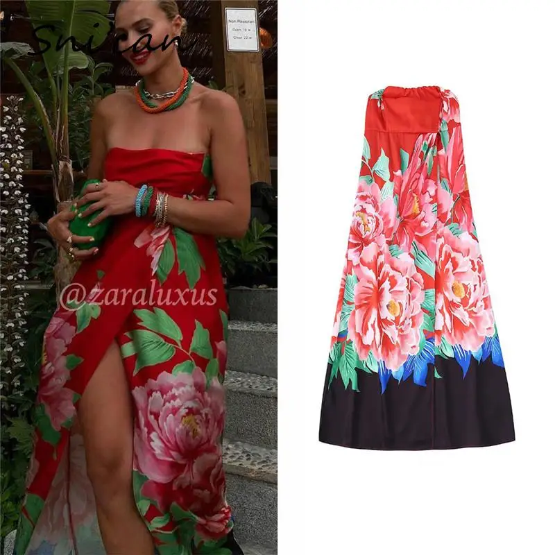 

Red Florall Strapless Sexy Dress Women Summer High Split Chinese Style Boho Holiday Casual Robe Femme Fashion Vestidos Mujer New