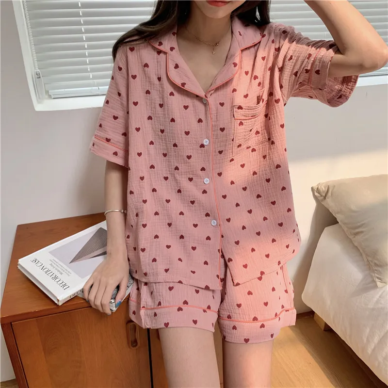 Heart Print Summer Pajamas Set 100% Cotton Single Breasted Shirts + Shorts Suit Sweet Kawaii Sleepwear Loose Homewear Vintage
