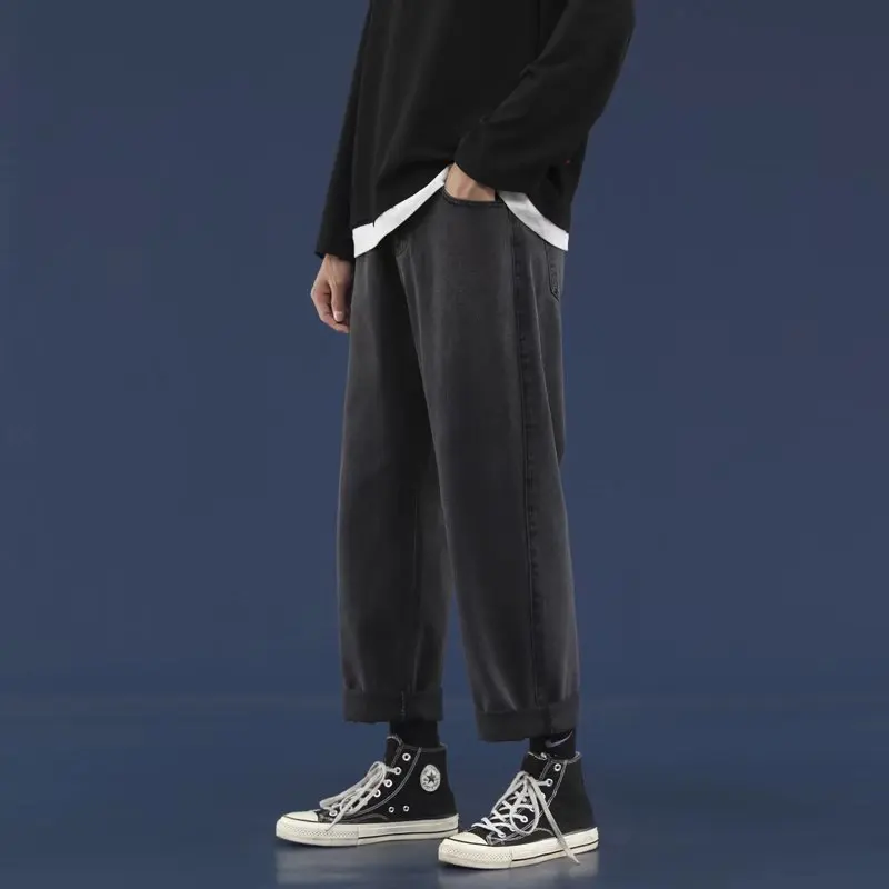 Streetwear Vintage Jeans Summer Fashion Solid Straight-Leg Pants Jeans Men's Casual Mid Waist Button Loose Denim Wide-Leg Jeans