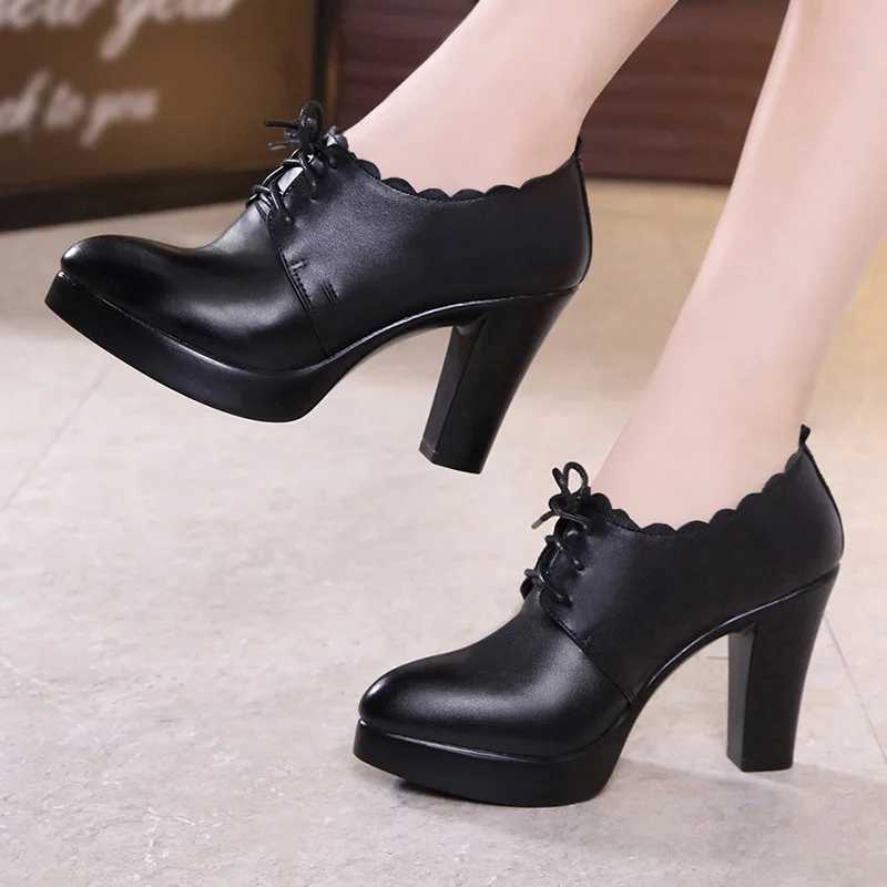

BCEBYL Women Leather Shoes Autumn Pointed Toe Platform Female Pumps Casual Square High Heels Ladies Single Shoes Plus Size 34-43