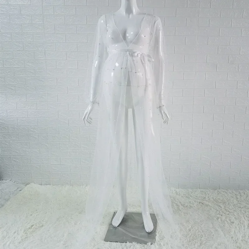 Сексуальные прозрачные платья для беременных белое Тюлевое платье с бисером