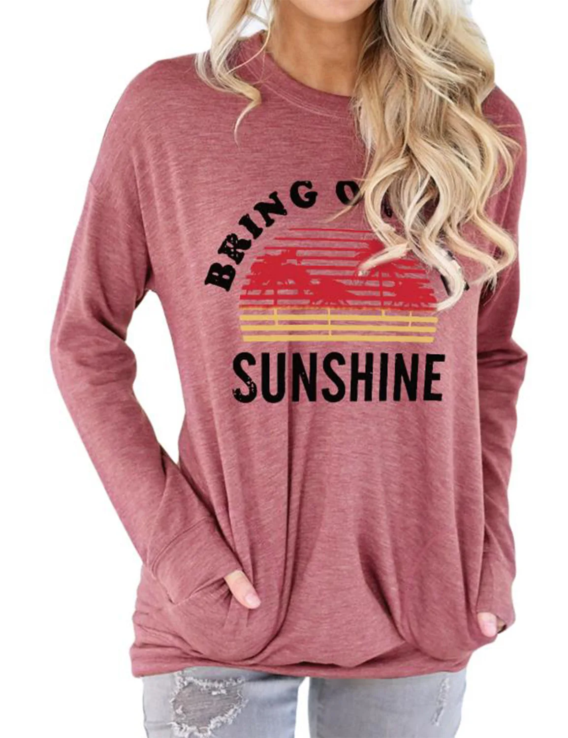 

New Hoodies for Spring 2022 Sunshine Coconut Print Pocket Circle Neck Long Sleeve Casual T-shirt