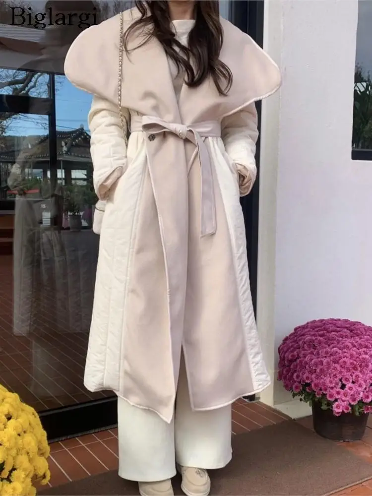 

Winter Wool Patchwork Padded Cotton Long Coat Women Pleated Fashion Elegant Ladies Jackets Long Sleeve Woman Jackets Coats 2023