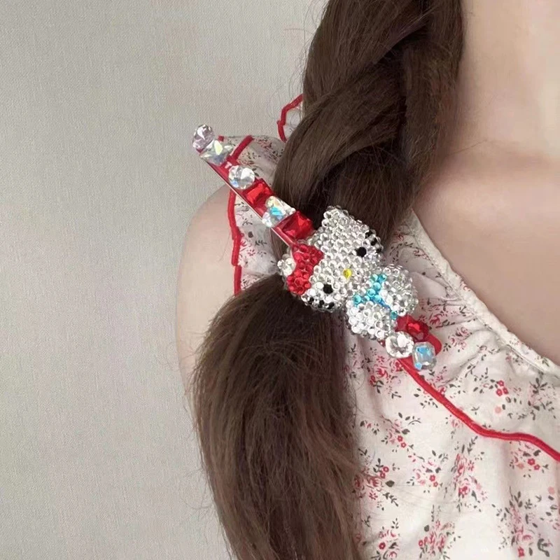 Милая заколка для волос Sanrio в стиле аниме Hello Kitty сверкающие стразы виде одного