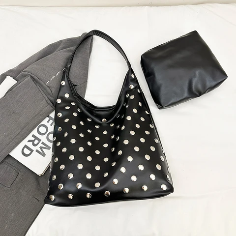 сумка женская большая сумка женская через плечо MOODS Сумка-тоут с напуском и шипами для женщин, байкерский стиль, декор с заклепками, 2-в-1, большая вместительная сумка-хобо на плечо для подмышек