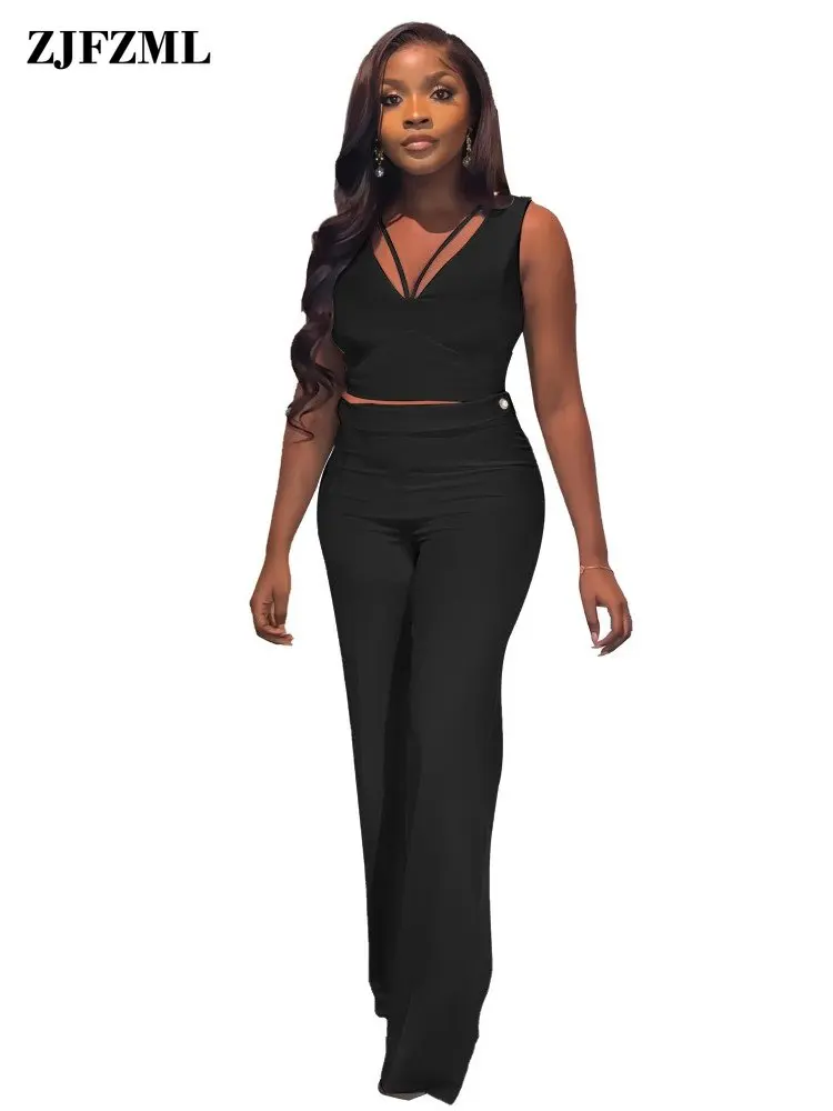

Daily Casual Women's Set Business Workwear Outfits 2023 Deep V Neck Sleeveless Tank Crop Top + High Waist Flare Bell Bottom Pant