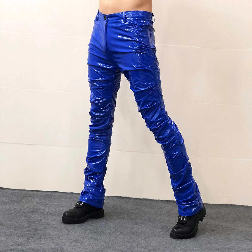 2023 New Men's Personality Trend Mirror Leather Pants Fashion Loose Pleated Leather Pants Europe and America Large Men's Pants