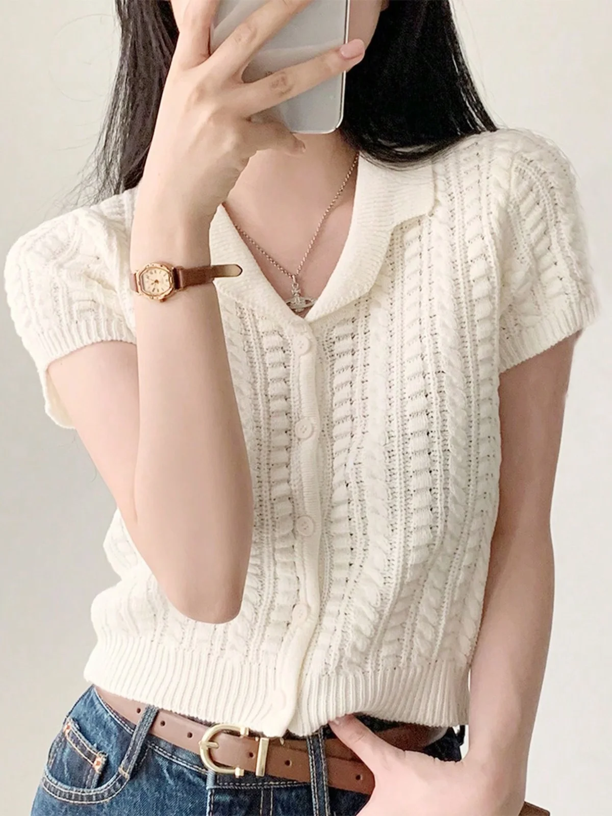 Корейская серия шикарная вязаная футболка с короткими рукавами и лацканами