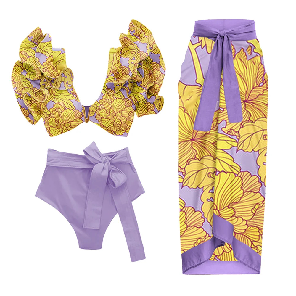 Printed Ruffle Swimsuit Fashion High Waist Cut Sexy Bikini Ladies V Neck Push Up Swimwear Open Back Elegant Lace Up Beach Skirt